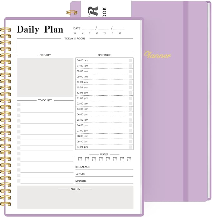 Daily Planner Undated, To-Do List Notebook with Hourly Schedule, Spiral Appointment Organizer Calendar for Man / Women, Flexible Cover, Twin-Wire Binding Elastic Closure, Pocket Pen Loop, 160 Pages
