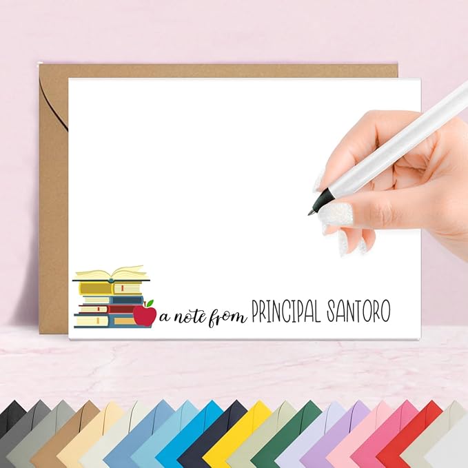 Personalized Stationery Teacher Note Cards with Envelopes – Custom Minimalist Thank You Cards, 12 Flat Note Cards & Colored Envelopes – Crush-Resistant Gift Packaging (Books with Apple)
