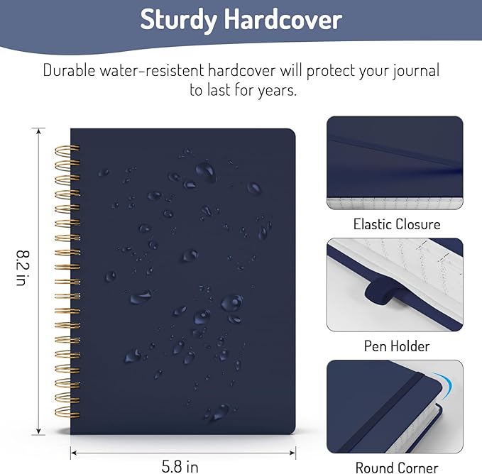 Forvencer Lined Spiral Journal Notebook with 300 Numbered Pages, A5 College Ruled Thick Journals for Writing with 100GSM Paper, Hardcover Notebooks with Contents for Work, School, Women, Men, Navy
