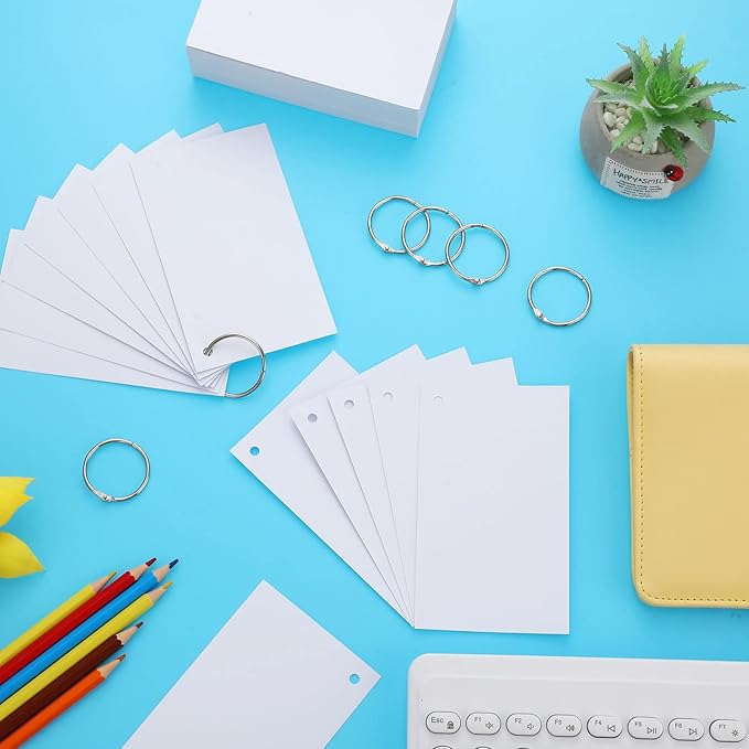 Yexiya 500 Pcs Index Cards with Rings Study Supplies Punched Lined Flash Cards with Holes Ruled Single Hole Notes and Metal Rings for Adults Office(3 x 5 Inch,Blank White)