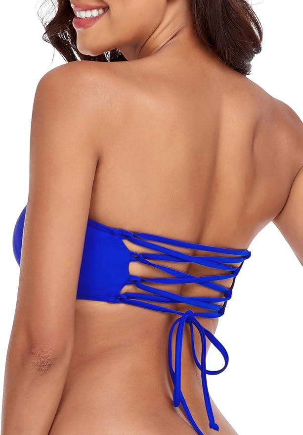 RELLECIGA Women Bandeau Swim Top Only Strapless Bikini Top Tie Back Swimsuit Tube Top