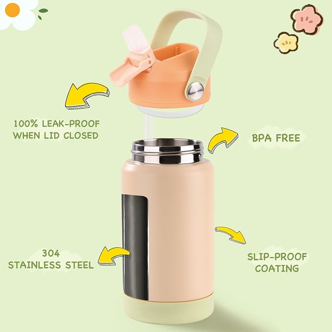 Kerilyn 12oz Kids Water Bottle, Stainless Steel Insulated Water Bottle for Kids, Toddler Cup with Straws Leak-Proof, Toddler Water Bottles for School Boys Girls, BPA Free, Cantaloupe