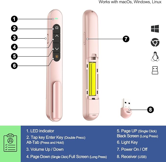 QUI 2 Pack Presentation Clicker, Hyperlink Volume Control Wireless Presenter, RF 2.4GHz USB Presentation Remote Control,PowerPoint Clicker Slide Advancer for Computer, Laptop, Mac (USB, Pink)