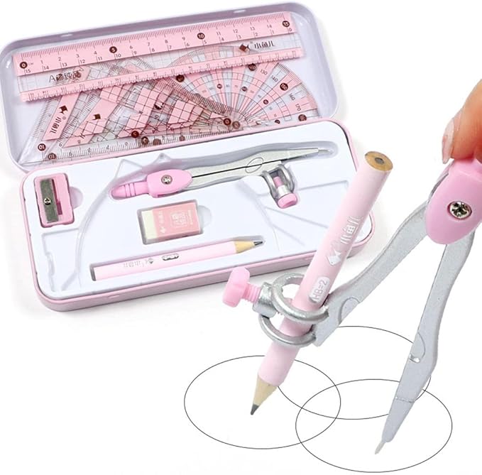 Premium Geometry Drawing Kit with Eraser and Set, Pink, 7.17x3.11in