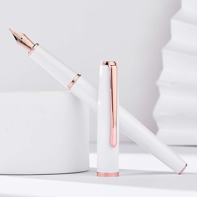 HongDian 920 White Metal Fountain Pen, Rose Gold Plated Extra Fine Nib Smooth Writing Pen, Classic Pen with Ink Converter
