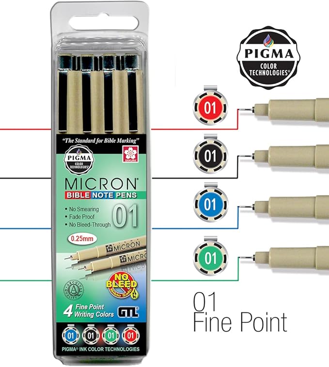 G.T. Luscombe Company, Inc. Pigma Micron 01 Fine Point Bible Note Pen Kit | No Bleed Pigmented Ink | Bible Safe | No Smearing or Fading | Black, Blue, Green, Red (Set of 4) | New Packaging |