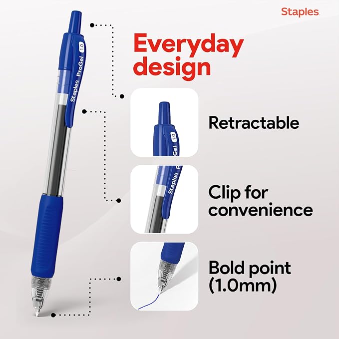 STAPLES Retractable Gel Pens, Bold Point 1.0mm, Blue Ink, 48 Pack – ProGel Smooth‑Flow Pens for Office & School Use