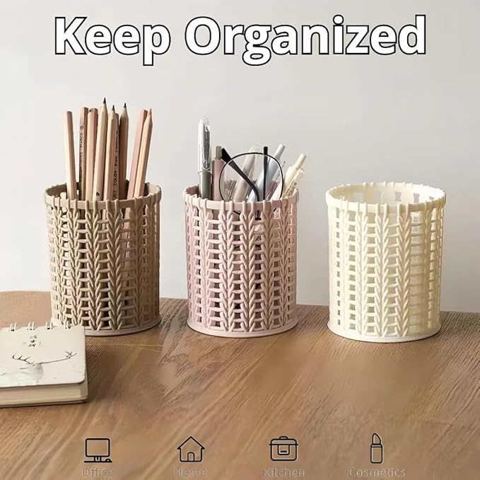 Hand-woven Style Pen Holder for Desk Cute Office Supplies Cubicle Decor Kawaii Workspace Accessories Boho Makeup Organizer for Women Girls Pencil Cup Aesthetic Caddy for Home Office (White)