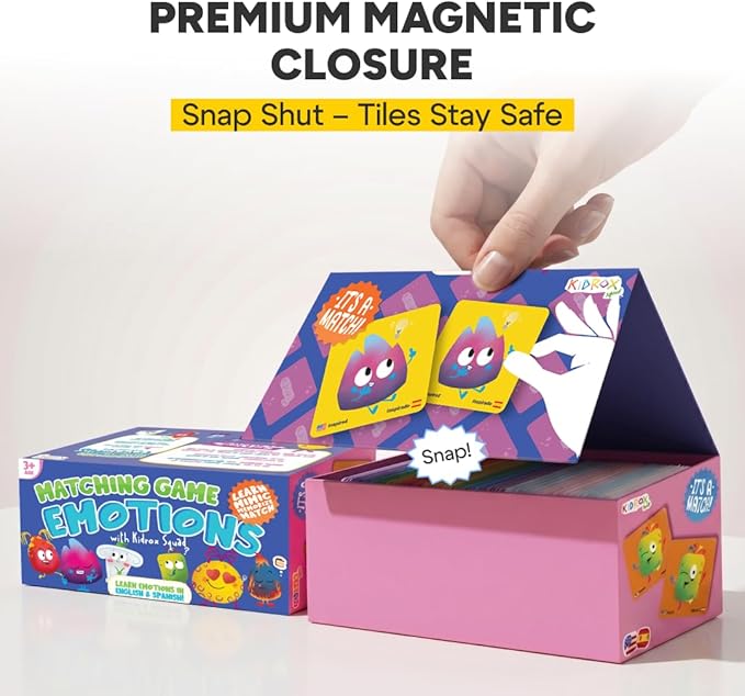 Kidrox Emotions Matching Game – Bilingual Memory Card Game in English & Spanish for Kids Ages 3+ | Learn & Mimic Emotions with Kidrox Squad | Premium Magnetic Box | 40 Tiles