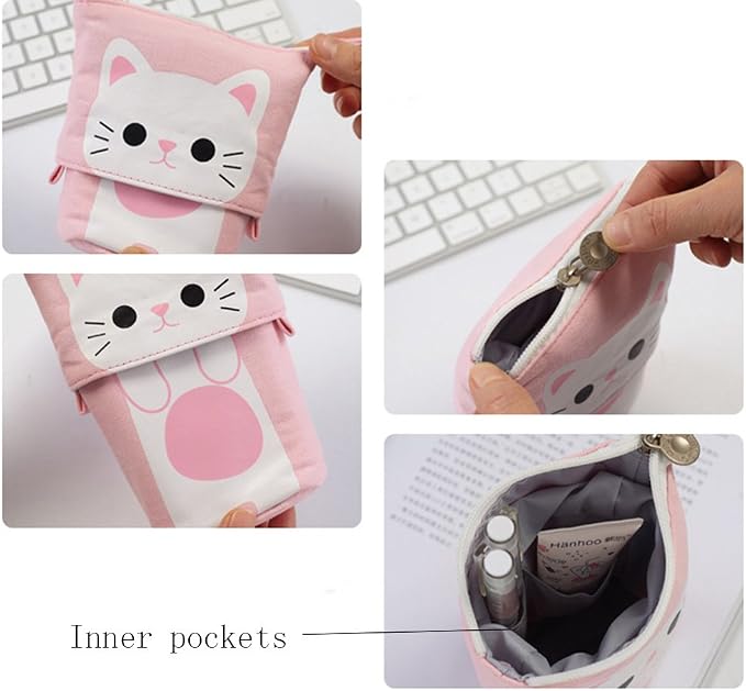 iSuperb Standing Pencil Pouch Pencil Case Cute Cat Telescopic with Zipper Canvas Kwaii Cartoon Pencil Bag Stationery Box for Kids Girls Boys School Supplies 7.5 x 4.9 x 3.0inch/4.1x 3.0inch