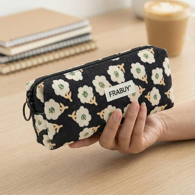 Soft Corduroy Pencil Case Pen Pouch Organizer, Small Stationery Bag | Cute black plum blossom pencil pouch, smooth zipper, daily cosmetics holder, compact organizer for school teen girls, women