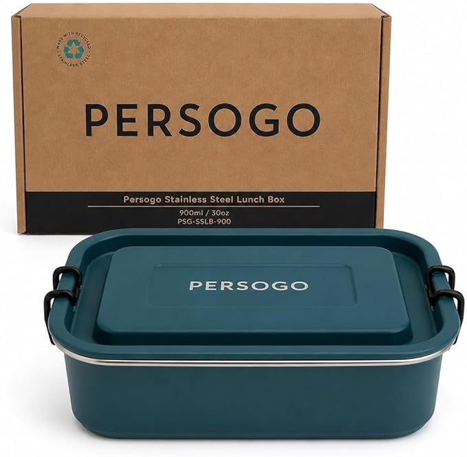 Stainless Steel Lunch Box, Leak-Resistant Bento Food Container with Locking Clips, Powder-Coated Metal Meal Prep Box for Work, Travel & Adults, 30 oz (900 ml) Deep Lagoon