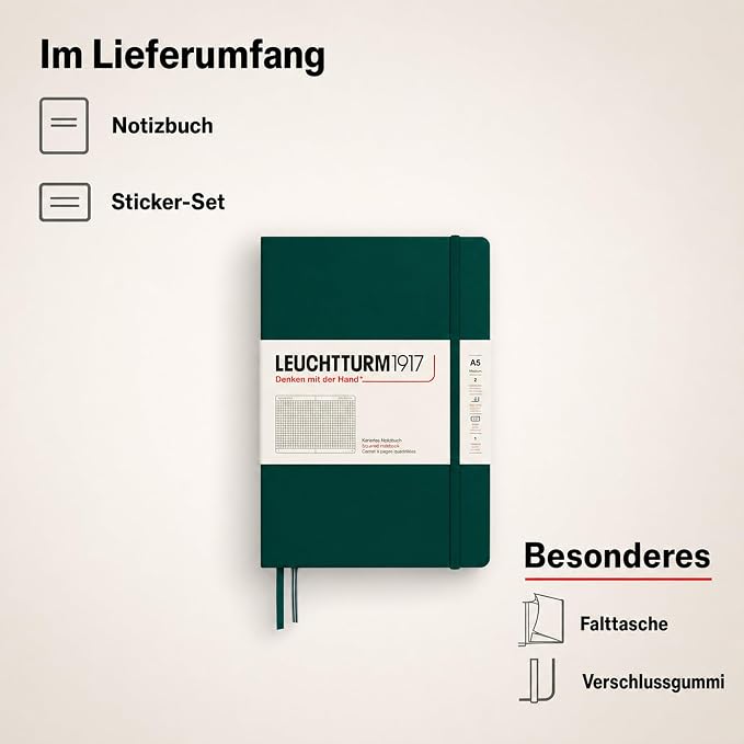 LEUCHTTURM1917 - Notebook Hardcover Medium A5-251 Numbered Pages for Writing and Journaling (Forest Green, Squared)