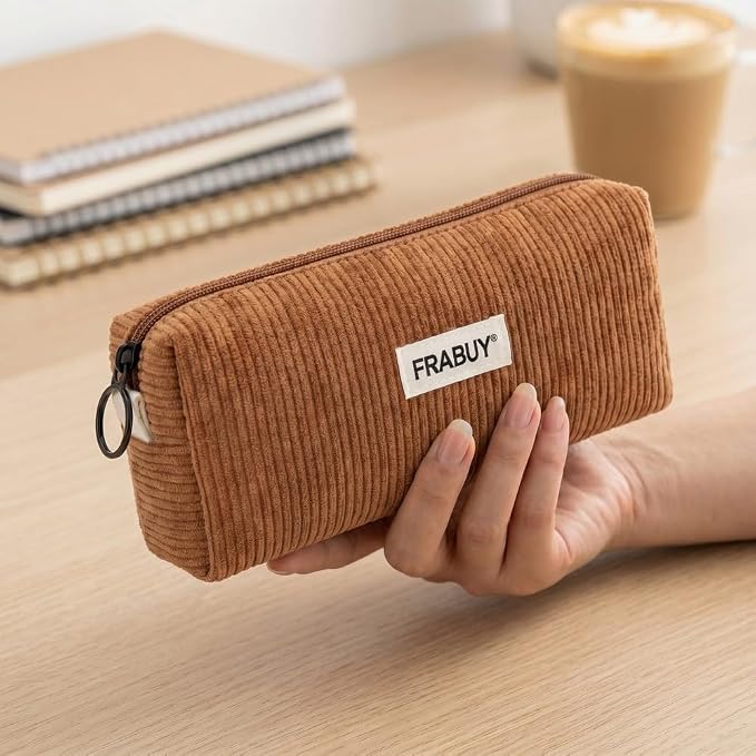 Soft Corduroy Pencil Case Pen Pouch Organizer, Small Stationery Bag | Cute brown pencil pouch, smooth zipper, daily cosmetics holder, compact organizer for school teen girls, women