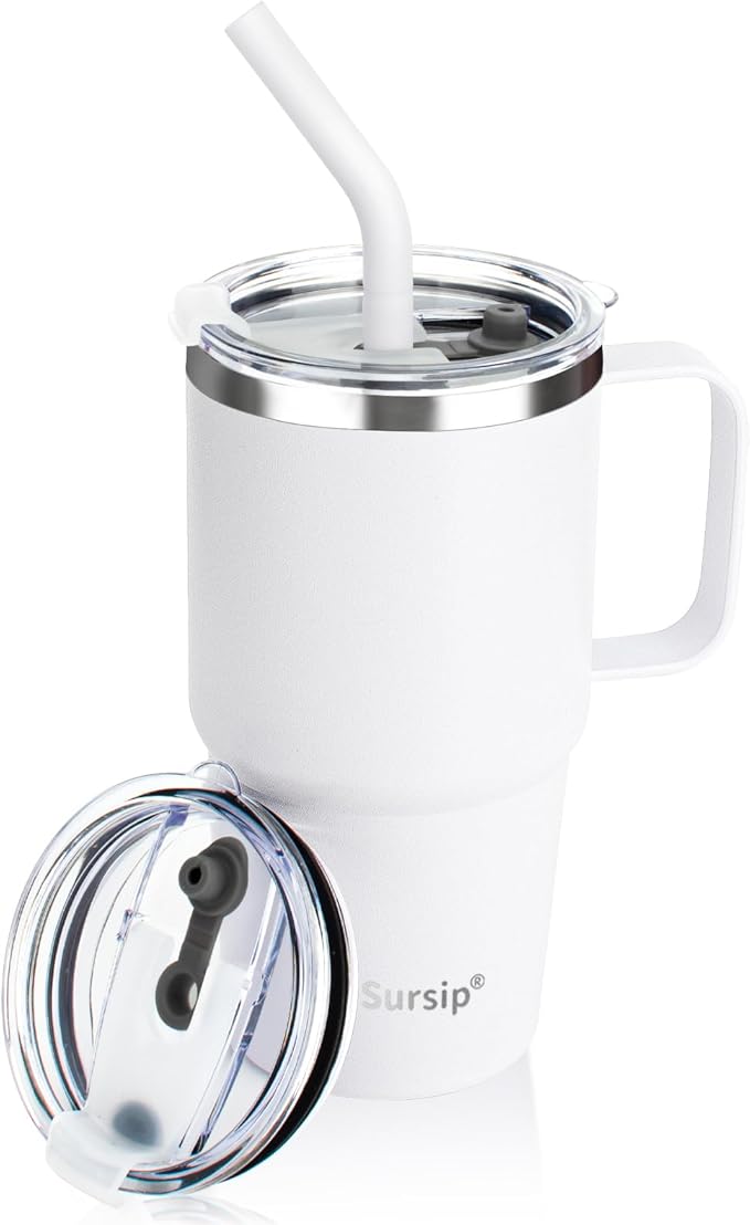 Sursip Insulated Coffee Mug with Handle and Lid, 24 oz Double Wall Vacuum Travel Thermal Coffee Tumbler with Straw for Home, Office Stainless Steel Coffee Cup - Leak proof, BPA Free (White-1 Pack)