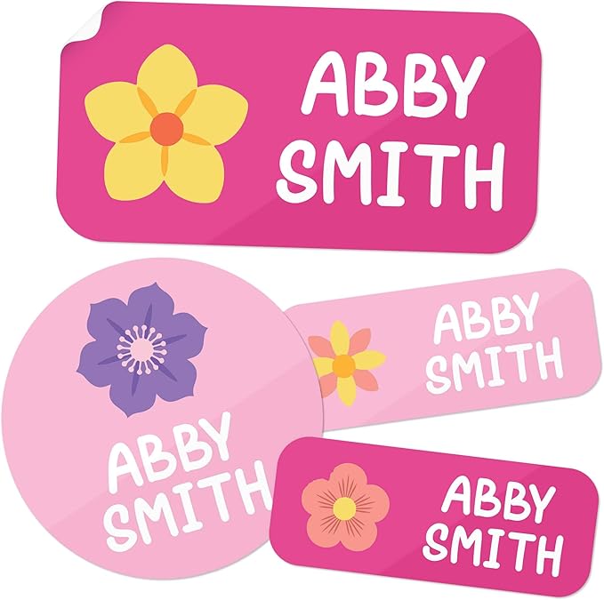 Personalized Daycare Name Labels for Kids, (130 Pack) Waterproof Custom Name Stickers for Clothing Tags, Lunch Boxes and School Supplies, Made in USA by MSC -Flowers