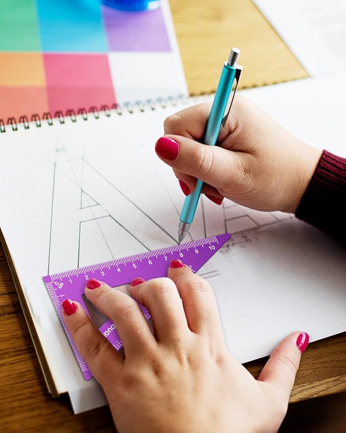 Honagu Triangular Ruler Set, 4 Pieces Aluminum Alloy Ruler, Metal Drafting Ruler, Geometric Protractor for Students,Teacher, Draftsmen, Engineers,Gift Stocking Stuffers for Kids(15cm/5.9inch, Purple)