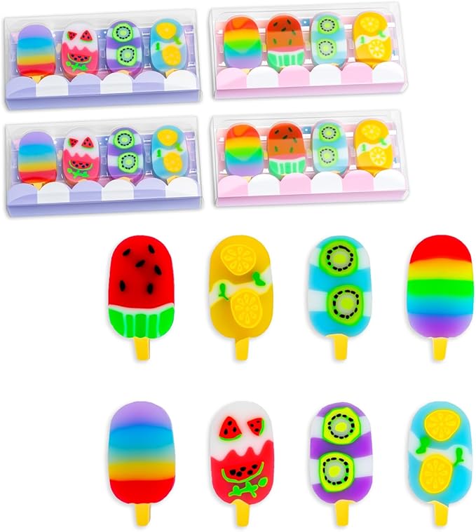 Ice Cream Erasers, 24 Pack – Cute Fruit Popsicle Shaped Pencil Erasers for Kids, Fun School Supplies, Classroom Rewards, Party Favors, Homework Prizes