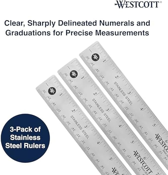 Westcott Stainless Steel Ruler Set with Non-Slip Cork Backing, Easy to Read Etched Markings, Flexible and Sturdy Design, for Crafting, Office, Classroom, Back to School Supplies, 12-Inch, 3 Pack