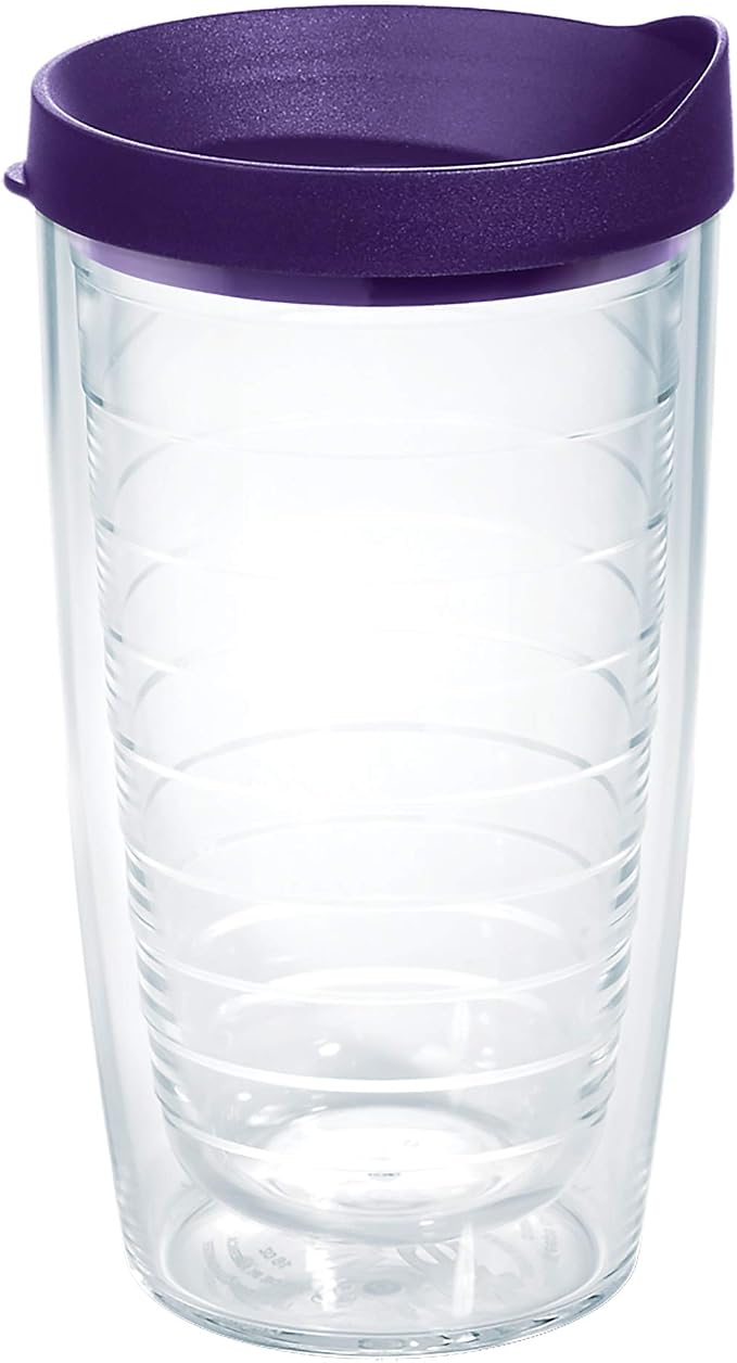 Tervis Clear & Colorful Lidded Made in USA Double Walled Insulated Tumbler Travel Cup Keeps Drinks Cold & Hot, 16oz, Royal Purple Lid, 2 Piece Set
