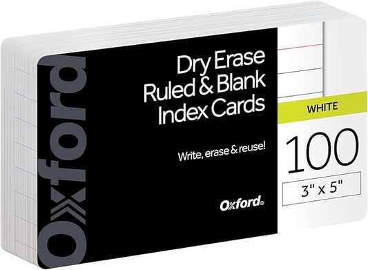 Oxford Dry Erase Index Cards, 3x5, Blank & Ruled Multipack, Reusable Flash Cards, Double Sided Dry & Wet Erase Cards for Gaming, Study, 100-Pk (63516)
