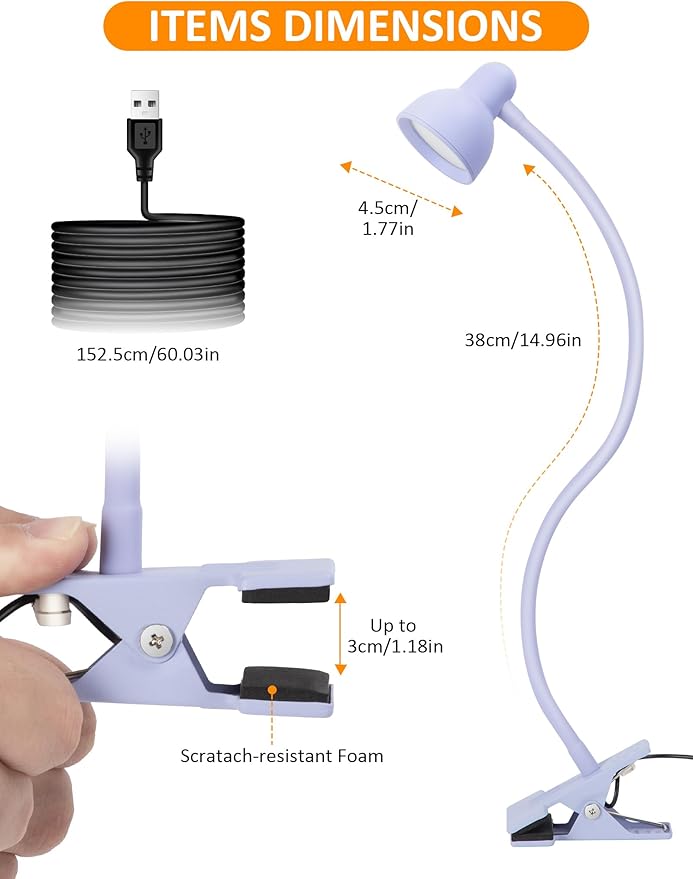 Clip on Lamp USB Reading Light, 3 Color Modes, 10 Brightness Dimmable, Flexible Gooseneck Desk Lamp with Clamp, Eye Care Clip on Light for Bed Headboard Desk Home Dorm Purple