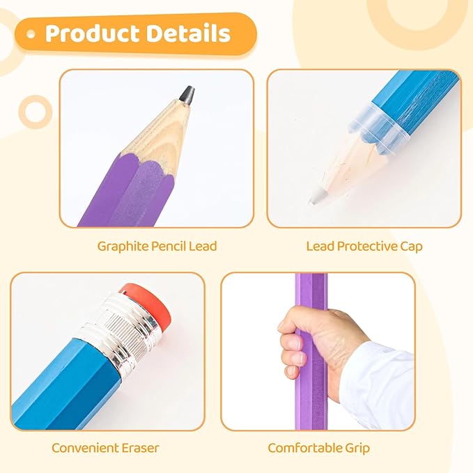 OMISTAR 24 PCS Giant Pencils for Kids Adults, 13 Inch Wooden Jumbo Pencil with Eraser and Protective Cap, Big Novelty Pencil Prop for Classroom and Home