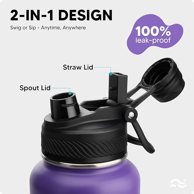 Swigina [2-IN-1 LID] Insulated Water Bottle with Silicone Boot (36hrs Cold/18hrs Hot) - DIY Stickers, Leakproof, BPA Free, 40 oz