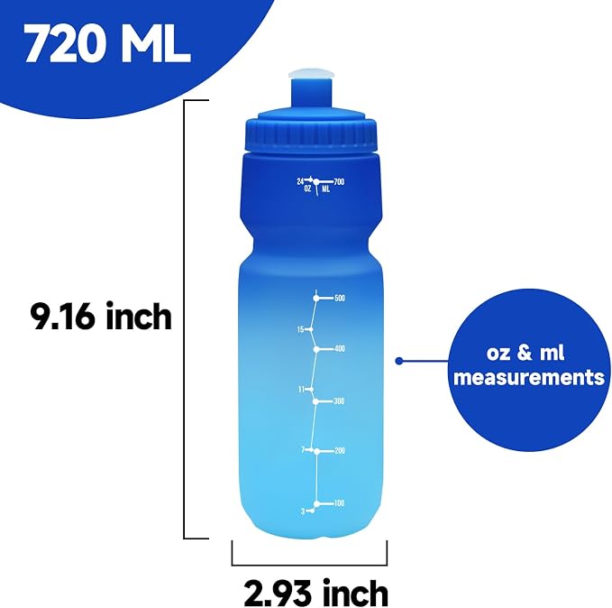 TooLe 24oz Bike Water Bottle, BPA-Free Cycling Squeeze Bottle | with Leakproof Pull-Top Lid & Capacity Scale, for Fits Mountain/Road Bike Cages, Gym, Camping, Hiking