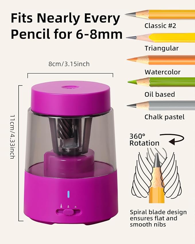 ZMOL Electric Rechargeable Pencil Sharpener, Automatic Colored Pencil Sharpener for Kids, Battery Pencil Sharpeners for Colored Pencils, Auto Stop, Suitable for No.2(6-8mm), Classroom Home Pink