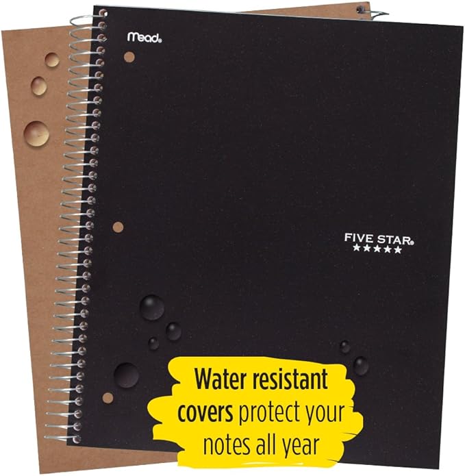 Five Star Spiral Notebooks, 5 Subject, Wide Ruled Paper, 200 Sheets, 10-1/2" x 8", Black, Blue, 2 Pack (73037)
