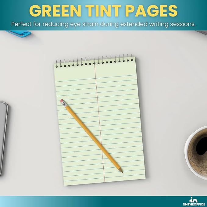 1InTheOffice Steno Pads 6x9, Steno Pads, Spiral Steno Pads, Gregg Rule, Green Tint, 6 x 9, 80 Sheets, 12 Pack