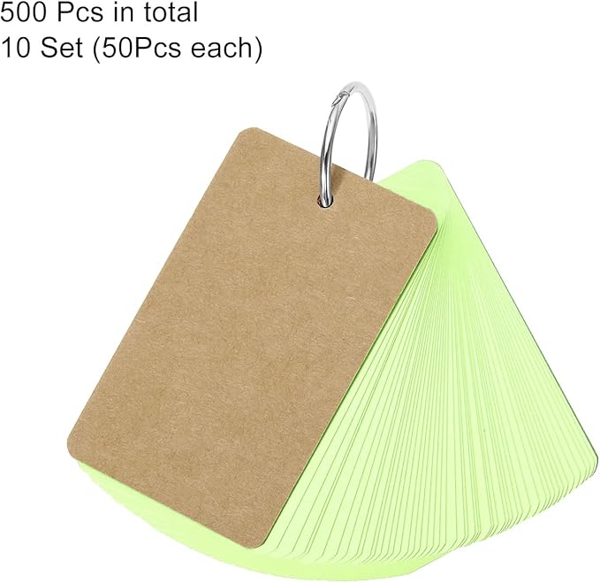 PATIKIL Blank Index Cards with Ring, 500Pcs Colored Blank Flash Card 3.5" x 2" Note Card Study Card for Memory Learning Studying Office Supplies, Green