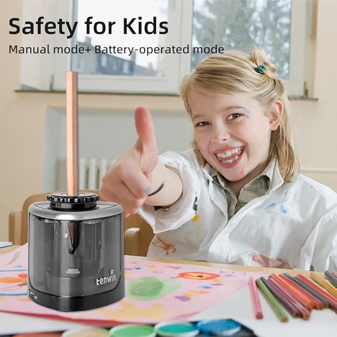 tenwin Electric Pencil Sharpener Battery Operated,Fast Sharpening, Suitable for NO.2/Drawing/Colored Pencils(6-8 mm), Office/School/Home, Portable Pencil Sharpener for Adults, Kids (Black)