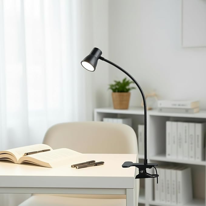 Eye-Caring Clip On Desk Lamp, 3 Color Modes & 10 Brightness LED Reading Light with Clamp, 360° Rotatable Gooseneck Reading Light, Portable Clamp Lamp for Bedroom, Office and Study (Black-Small)
