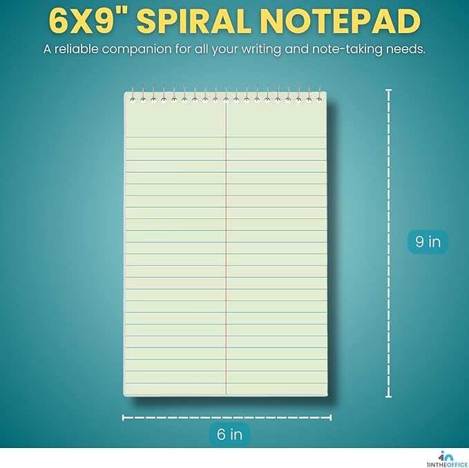 1InTheOffice Steno Pads 6x9, Steno Pads, Spiral Steno Pads, Gregg Rule, Green Tint, 6 x 9, 80 Sheets, 12 Pack