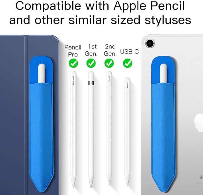 MoKo Pencil Holder Sticker Fit Apple Pencil Pro/ (USB-C)/ 1st/ 2nd Generation, Elastic Pencil Pocket Pouch Adhesive Sleeve Attached to iPad Case for Stylus Pens, 2 Pieces Cobalt Blue