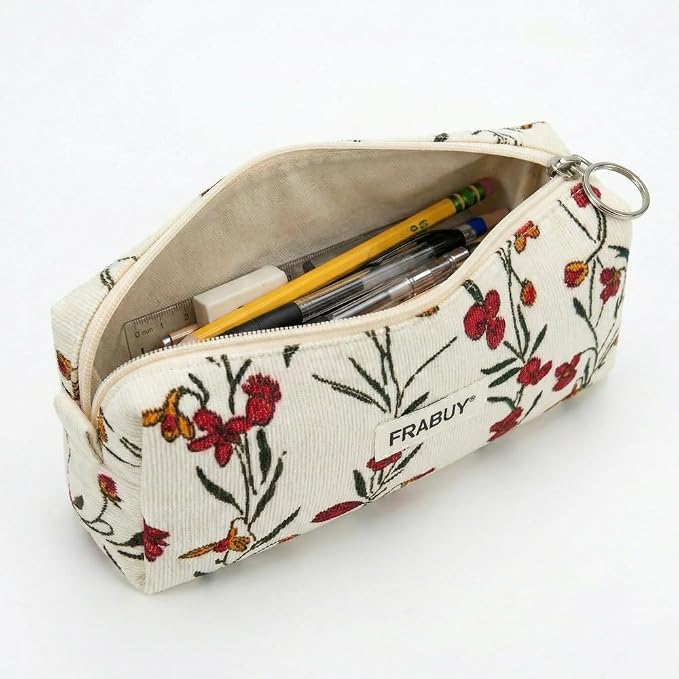 Soft Corduroy Pencil Case Pen Pouch Organizer, Small Stationery Bag | Cute begie wind flower pencil pouch, smooth zipper, daily cosmetics holder, compact organizer for school teen girls, women