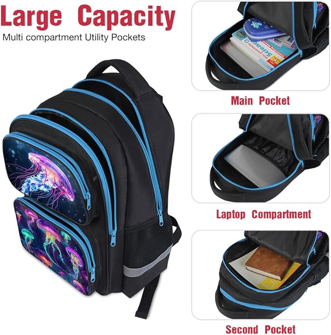 HiMagics Kids Backpack for Boys Girls Preschool Kindergarten Backpacks Lightweight Elementary Middle School Bookbag with Lunch Box Set and Chest Strap （Jellyfish）