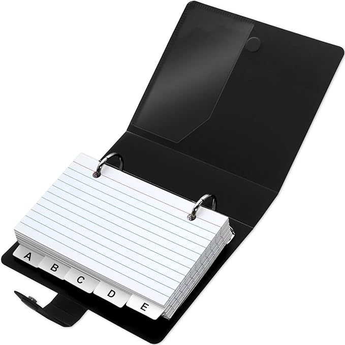 3x5 Lined Index Cards with Ring Binder Holder and Dividers, 100 Ruled Cards, Black
