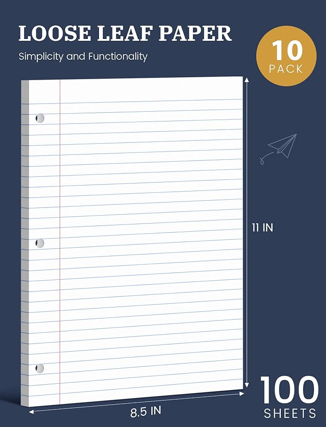 10 Pack Loose Leaf Paper 8.5 x 11, 1000 Sheets Lined Paper for 3 Ring Binders, Wide Ruled Notebook Paper, 3 Hole Punch Binder Paper, 100 Sheets/Pack Filler Paper for Office, School, and Home