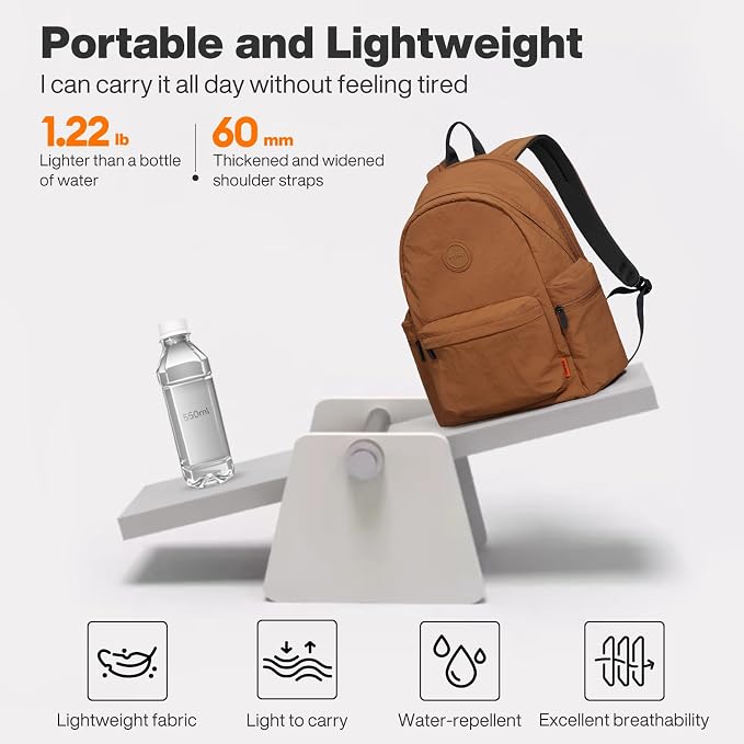 mixi 15 Inch Casual Travel Daypack, Lightweight Laptop Backpack, Brown | Ultra Light Backpack, Fits 14in Laptop, Water/Oil/Stain Resistant, Anti-Theft Pocket&Luggage Strap for College Work Hiking