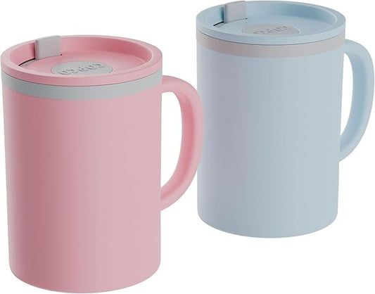 Copco Iconic 16oz Double Wall Insulated Desk Mug with Lid and Handle, Set of 2, BPA-Free Reusable Plastic, Spill-Resistant, Microwave & Dishwasher Safe, Wide Mouth (Light Blue/Pink)