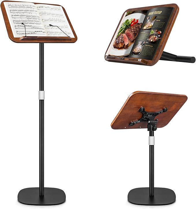 2 in 1 Dual-use Music Stand & Desktop Book Stand, Adjustable Height 16.5"-51", 100% Solid Wood Laptop Floor Stand Book Holder with Elastic Page Clips for Cookbooks, Sheet Music (Black Walnut)
