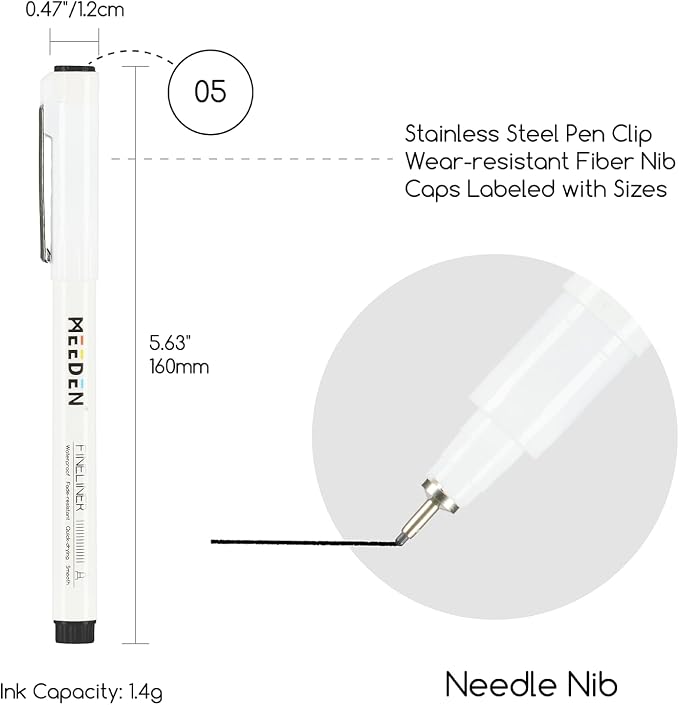 MEEDEN Micro Fineliner Drawing Pens: 0.5mm Needle Nib, 6 Pack, Black Ink