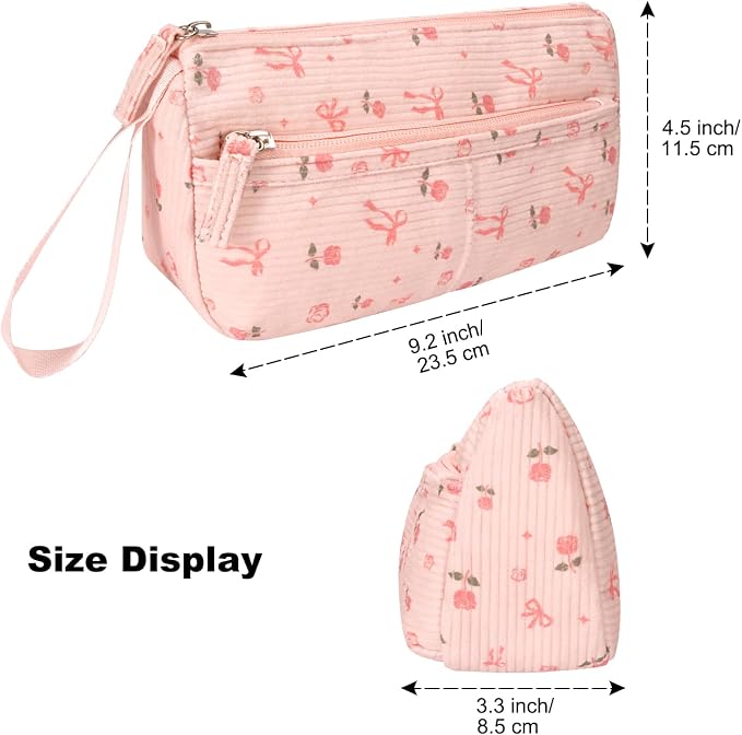 FINPAC Pencil Case, Corduroy Triangle Makeup Bag, Kawaii Pen Bag Pouch Holder Box Organize for Study, Office, or Travel (Pink Rose Bow)