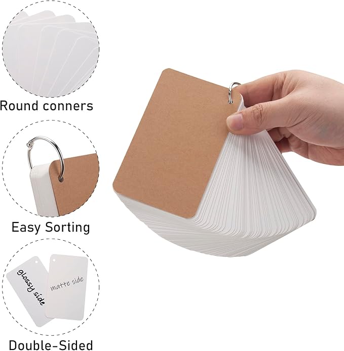 3x5 Blank Index Cards Study Flash Cards with Rings, 300PCS Rounded Hole-punched White Cardstock Heavy Weight Note Cards, Language FlashCards or Recipes DIY