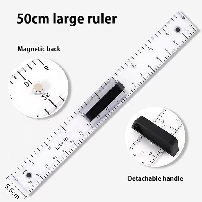 Magnetic Geometry Tool Set Clear Drafting Tools Mathematics Protractor, Triangular Scale Ruler Math Classroom Teaching Measurement Set Oversized Ruler (Transparent 3-Piece Set)