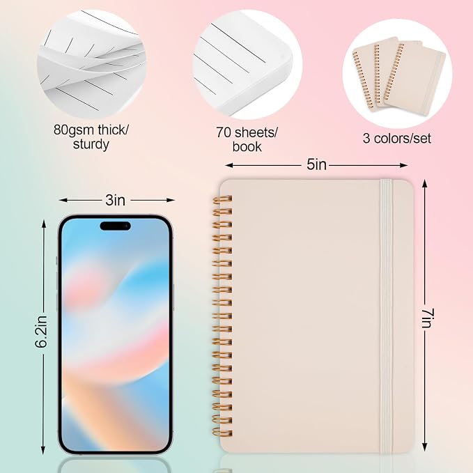 Utron 3 PCS Small Spiral Notebook 5x7, Notebooks for Note Taking, Beige Spiral Journal Notebook, Work Notebook Small Notebooks 5x7 with Strap, Cute Notebooks for Women 70 Sheets/Note Books (Pack of 2)