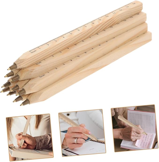 Mobestech 6pcs Black Ink Wooden Ballpoint Pens with Printed Ruler, Biodegradable Natural Solid Wood Carpenter Pens for Woodworking and Office Use